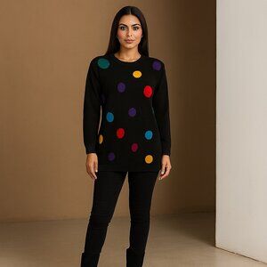 Vintage Petite Sophisticate Lambswool and Angora Polka Dot Long Black Sweater